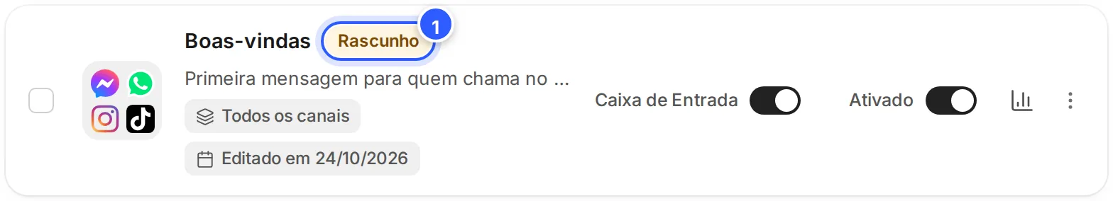 Cartão do fluxo Boas-vindas na lista de fluxos, com o selo Rascunho ao lado do nome.