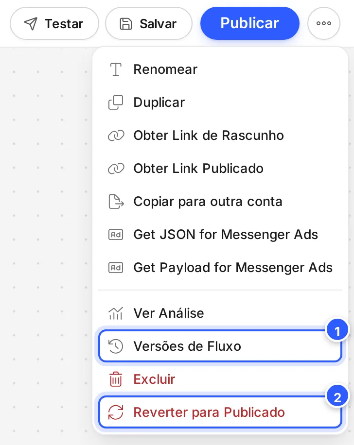 Menu de mais opções do editor com Versões de Fluxo e Reverter para Publicado em destaque.