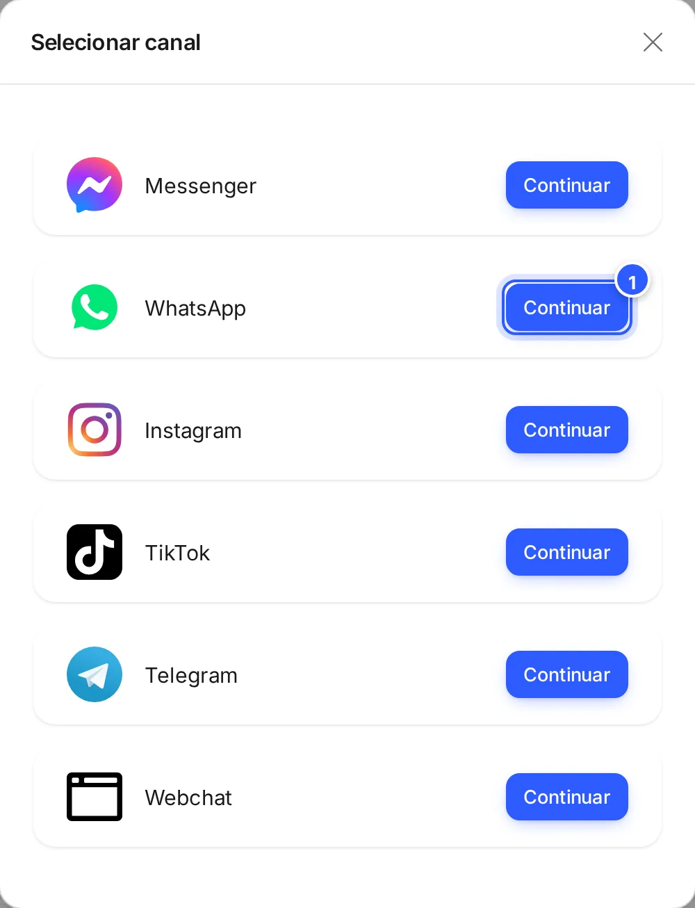 Janela Selecionar canal com Messenger, WhatsApp, Instagram, TikTok, Telegram e Webchat, cada um com o botão Continuar.