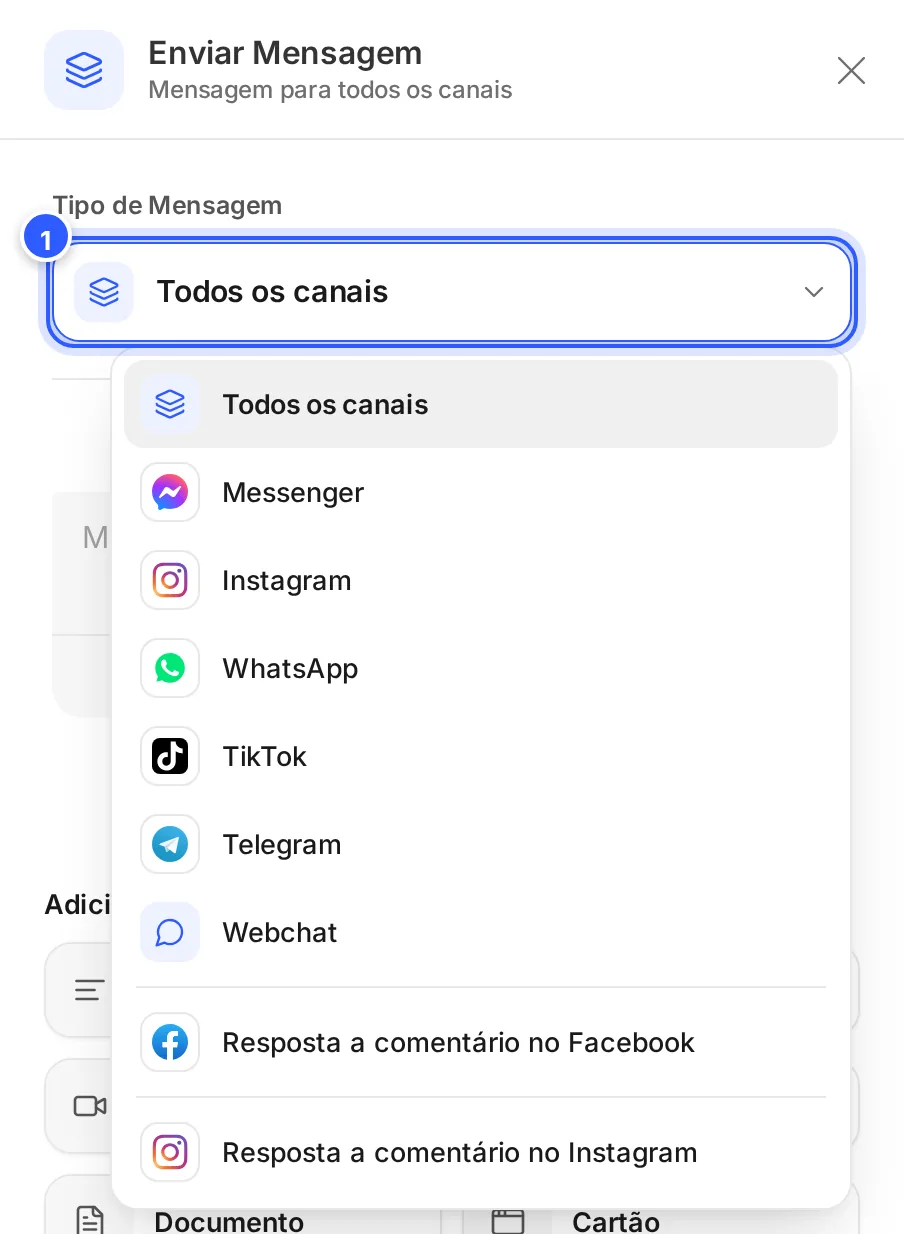 Campo Tipo de Mensagem aberto no painel da etapa, com Todos os canais, Messenger, Instagram, WhatsApp, TikTok, Telegram, Webchat e as respostas a comentário no Facebook e no Instagram.