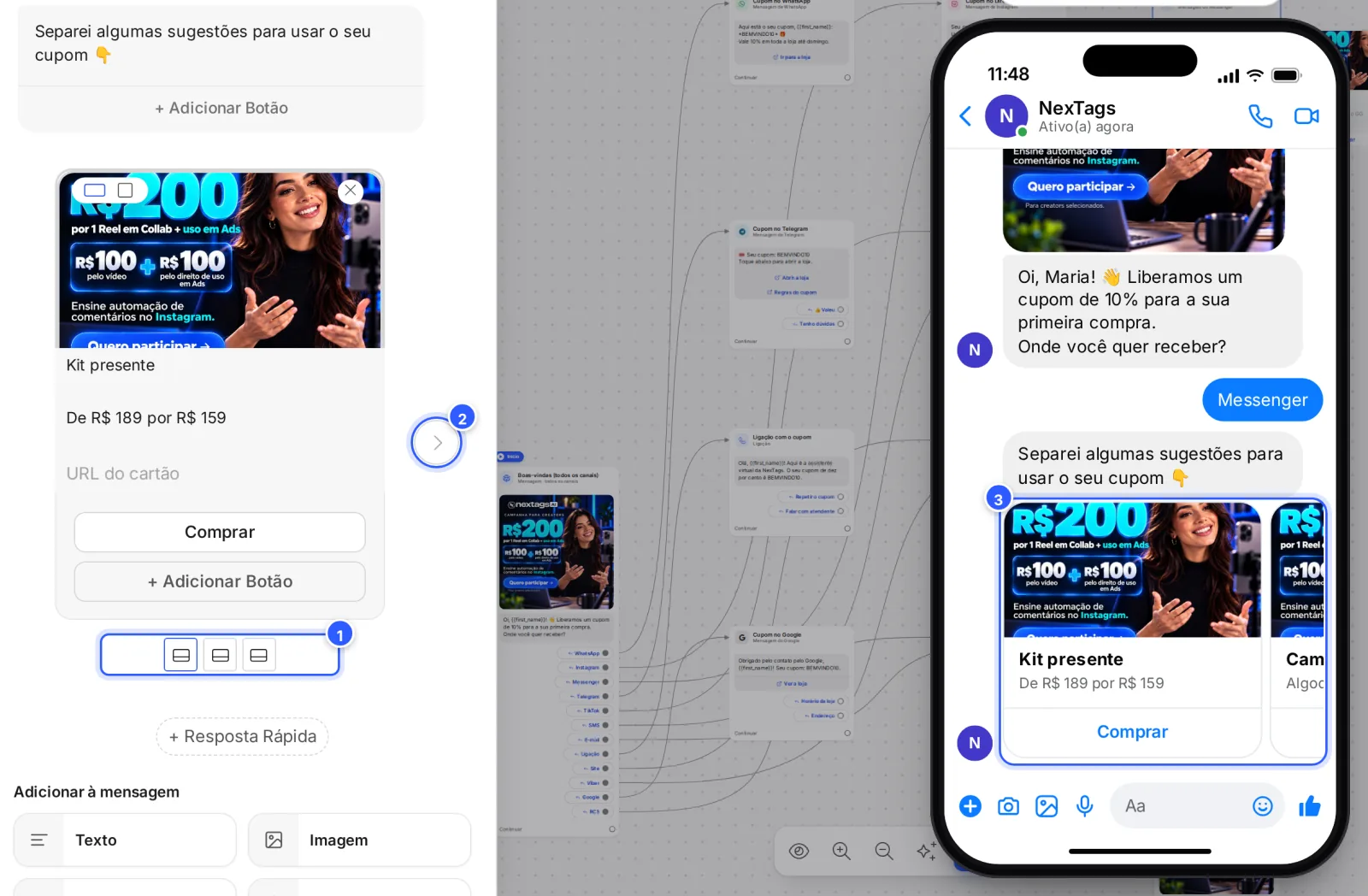 Etapa de Messenger com um carrossel de três cartões; a prévia mostra os cartões lado a lado, cada um com o botão Comprar.