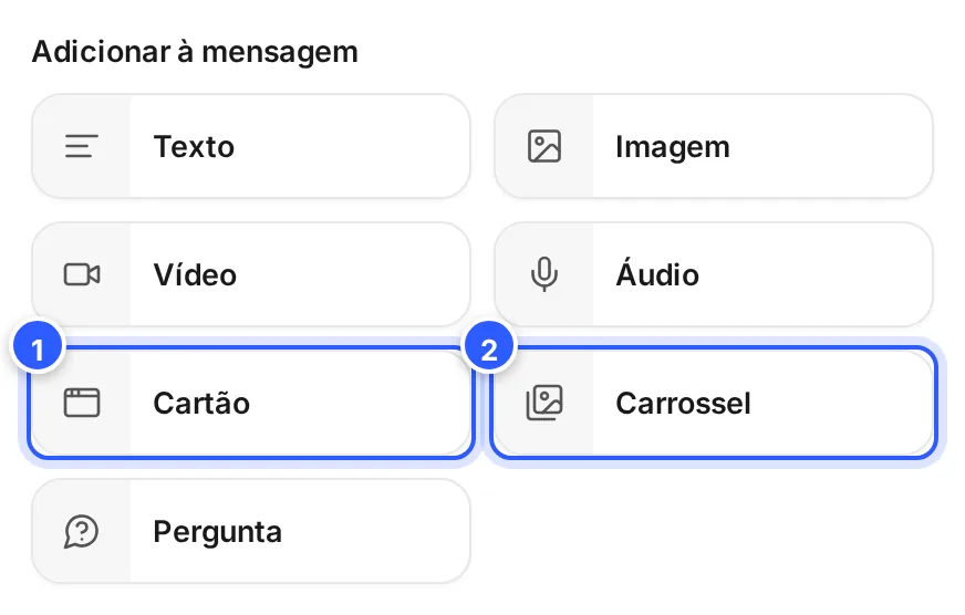 Atalhos do painel numa etapa de Instagram, com Cartão e Carrossel em destaque.