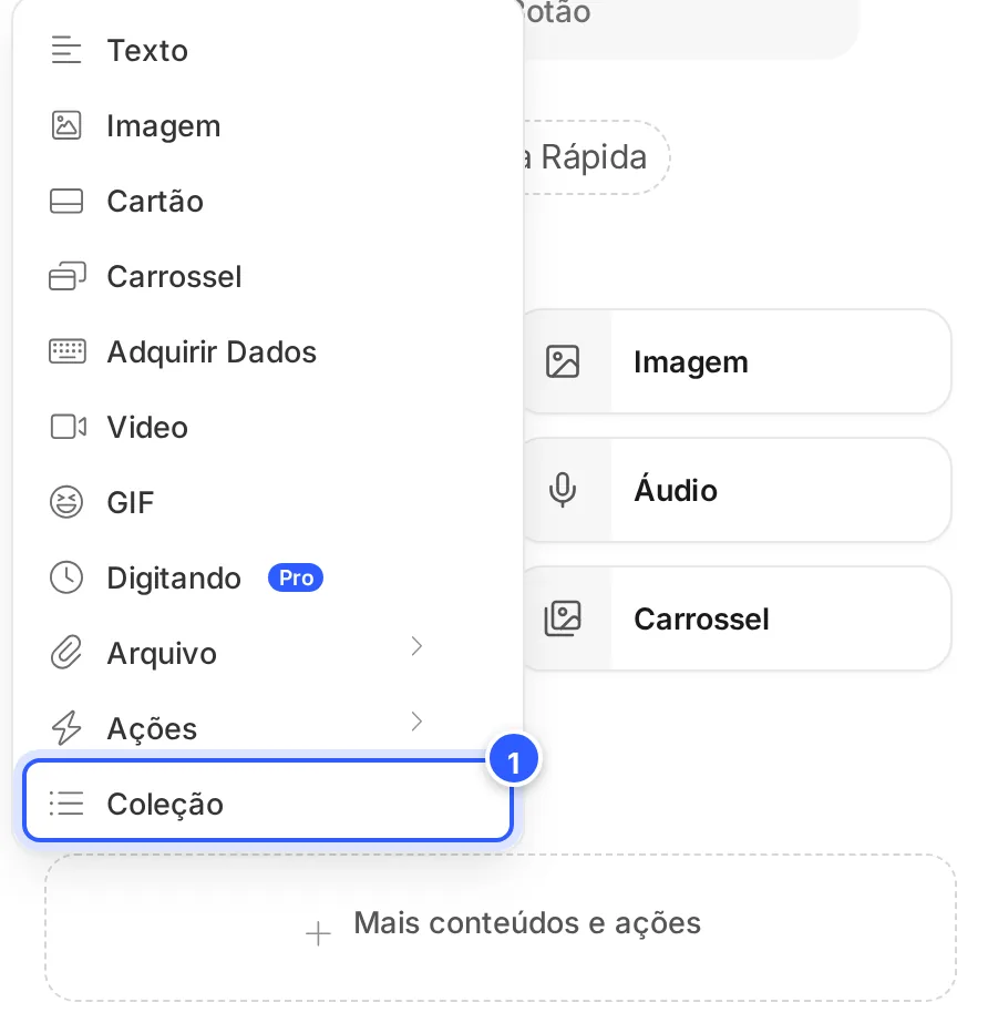 Menu Mais conteúdos e ações numa etapa de Instagram, com o item Coleção em destaque.