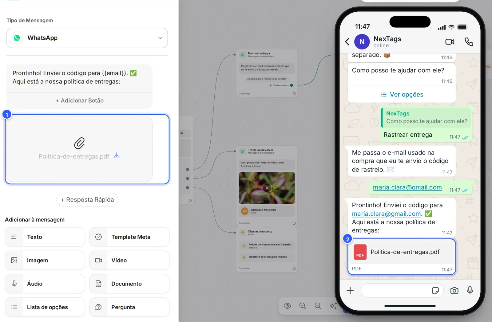 Etapa Código enviado com um texto e um arquivo PDF; na prévia, o documento chega como cartão com o nome do arquivo.