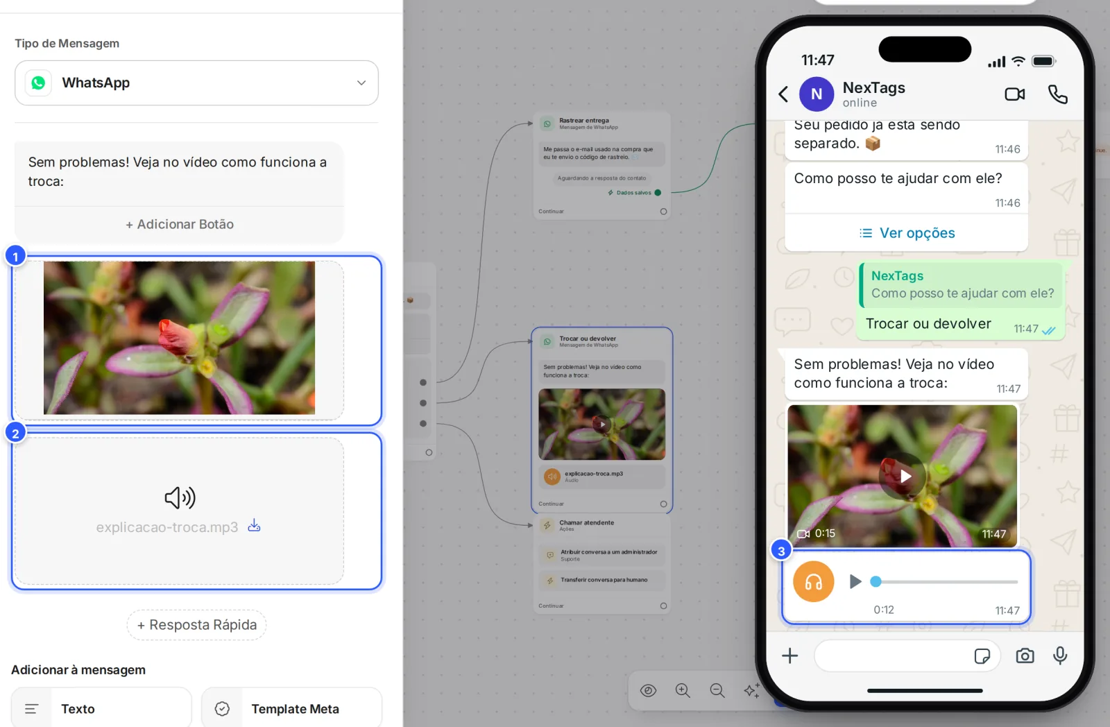 Etapa Trocar ou devolver com um texto, um vídeo e um áudio; a prévia no WhatsApp mostra o vídeo e o áudio na conversa.