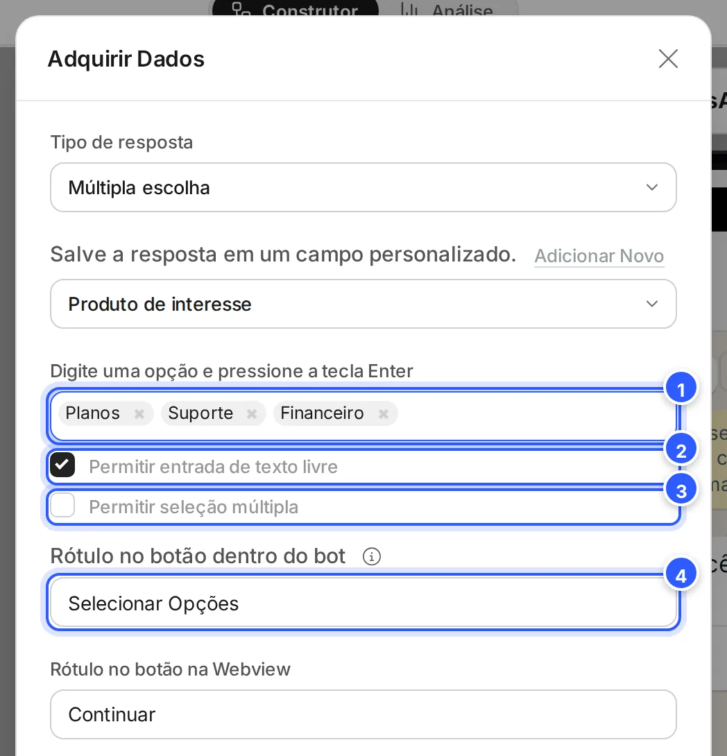 Janela Adquirir Dados com Múltipla escolha: as opções Planos, Suporte e Financeiro, Permitir entrada de texto livre ligado e os rótulos dos botões.