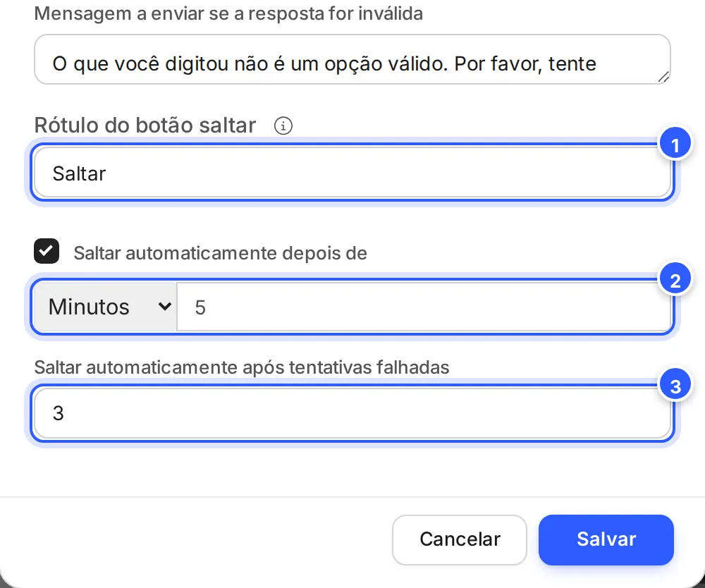 Parte de baixo da janela Adquirir Dados: Rótulo do botão saltar e Saltar automaticamente depois de 5 minutos ou após 3 tentativas falhadas.