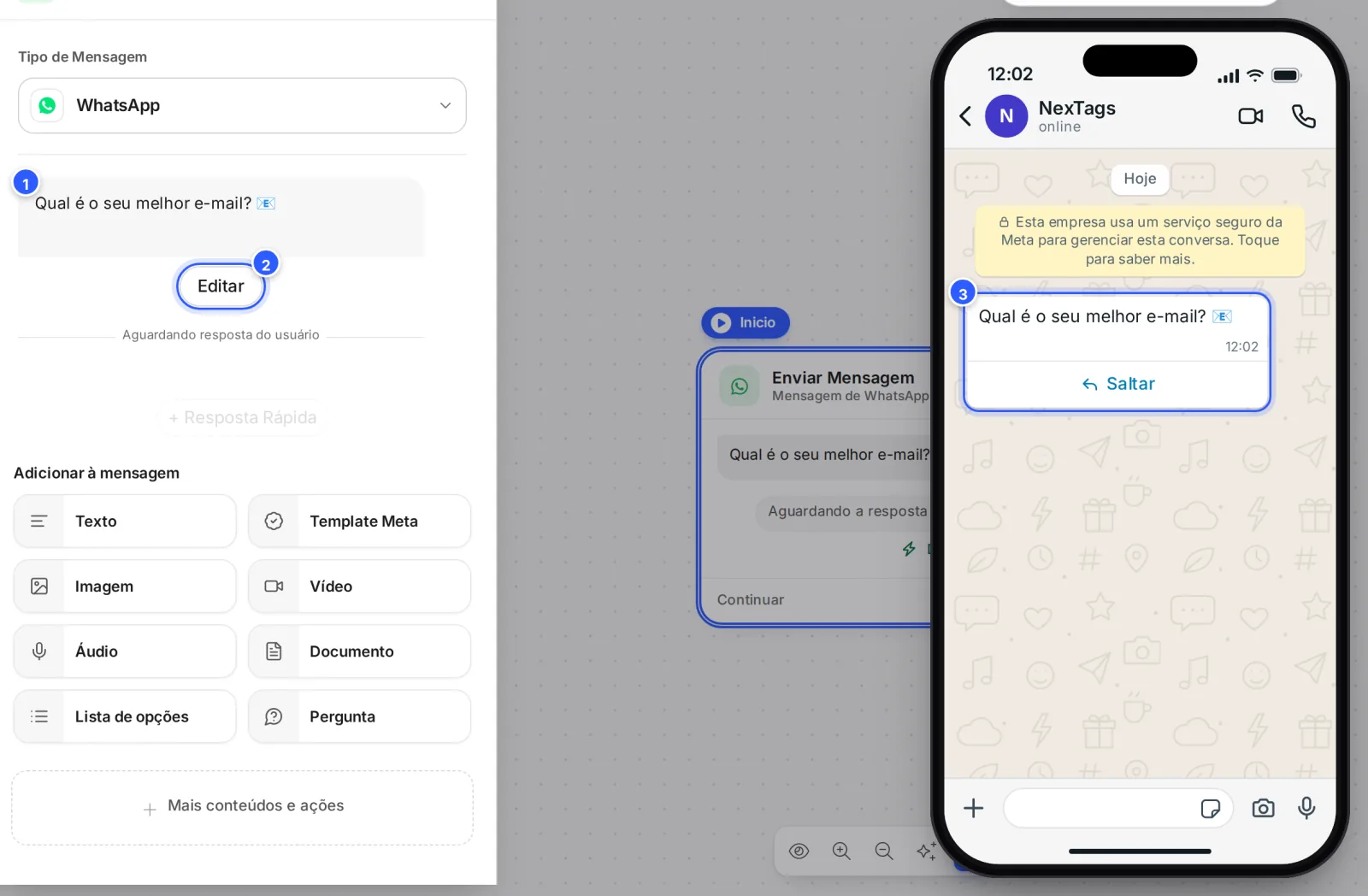 Bloco Pergunta (Adquirir Dados) numa etapa de WhatsApp: o texto da pergunta, o botão Editar e a linha Aguardando resposta do usuário.