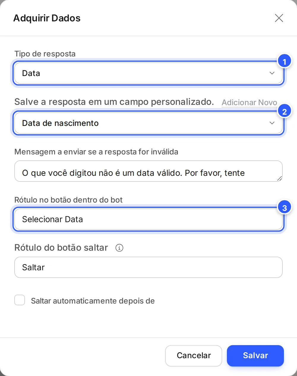 Janela Adquirir Dados com o tipo Data: só campos de data podem ser escolhidos e aparece o Rótulo no botão dentro do bot.