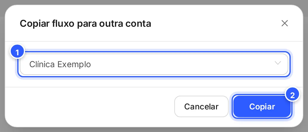Janela Copiar fluxo para outra conta com a conta de destino escolhida e o botão Copiar.