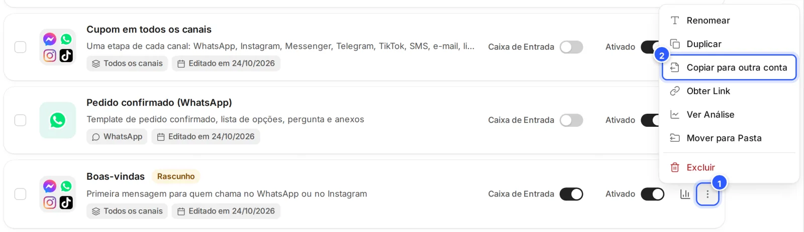 Menu de opções de um fluxo na lista, com Copiar para outra conta marcado.