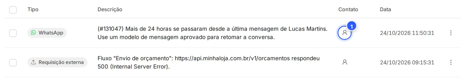 Linha do Registro de Erros com o ícone de pessoa na coluna Contato, que abre a conversa desse contato.