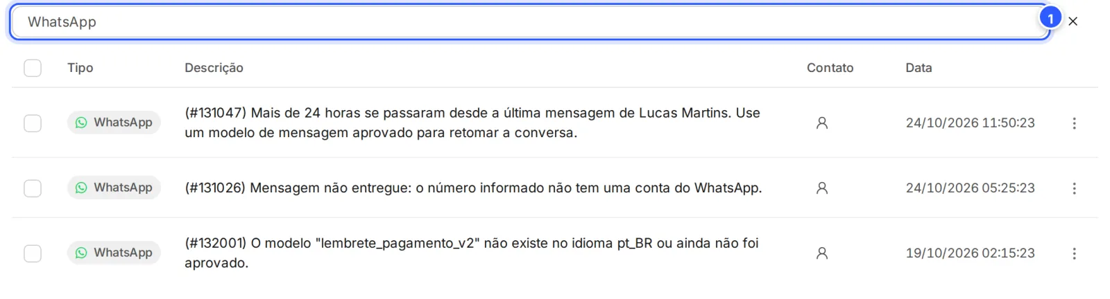Registro de Erros filtrado pela pesquisa WhatsApp: ficam só os erros com essa palavra.