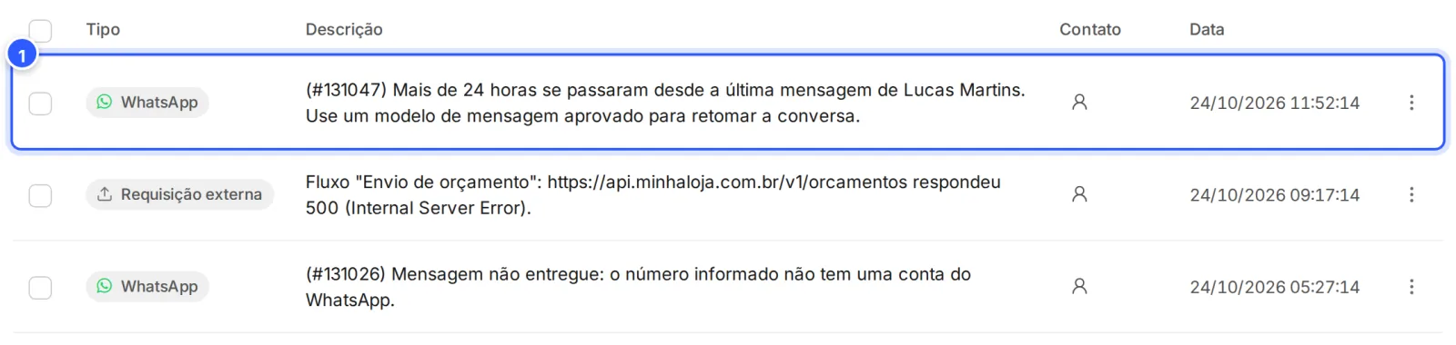 Registro de Erros com os erros mais recentes no topo, cada um com o tipo, a descrição e a data.