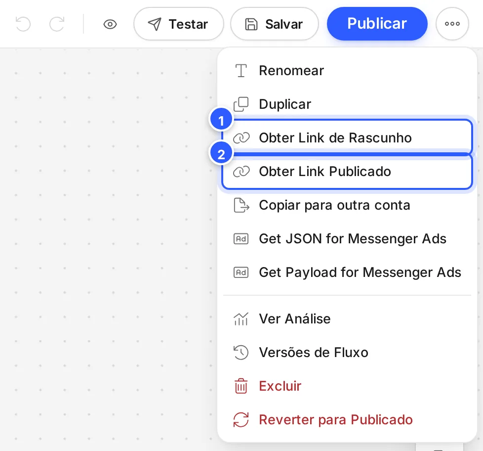 Menu de mais opções do editor com Obter Link de Rascunho e Obter Link Publicado.