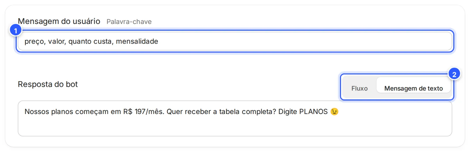 Edição de uma palavra-chave: o campo Mensagem do usuário e a Resposta do bot, que pode ser um fluxo ou uma mensagem de texto.
