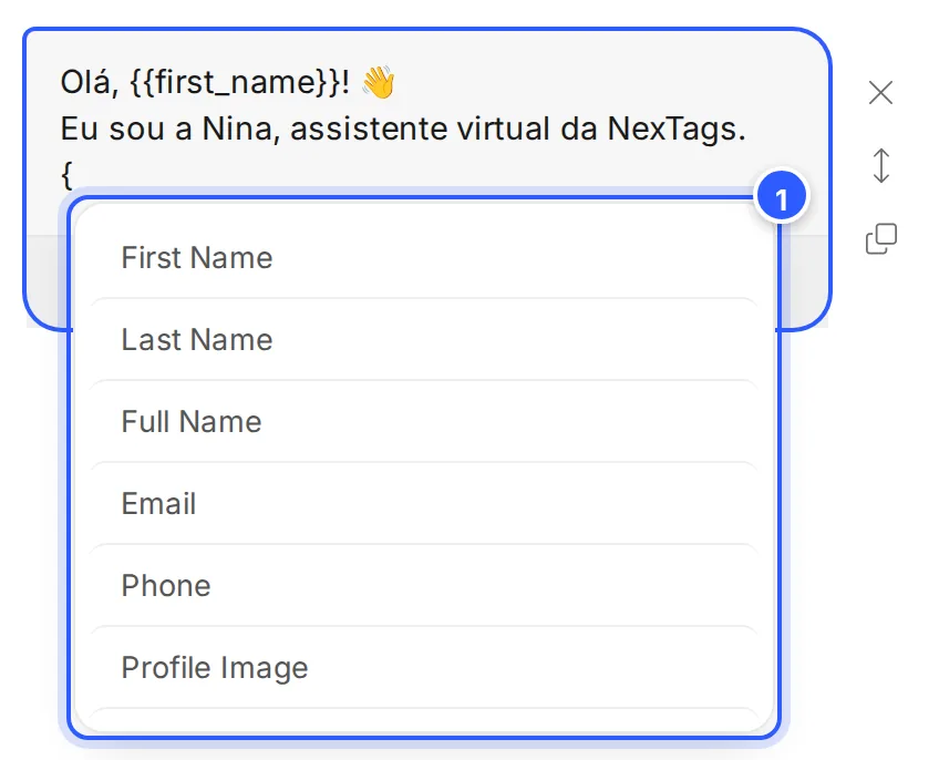Lista de campos que o editor de fluxo abre ao clicar no ícone de inserir campo: First Name, Last Name, Full Name, Email, Phone e os outros.