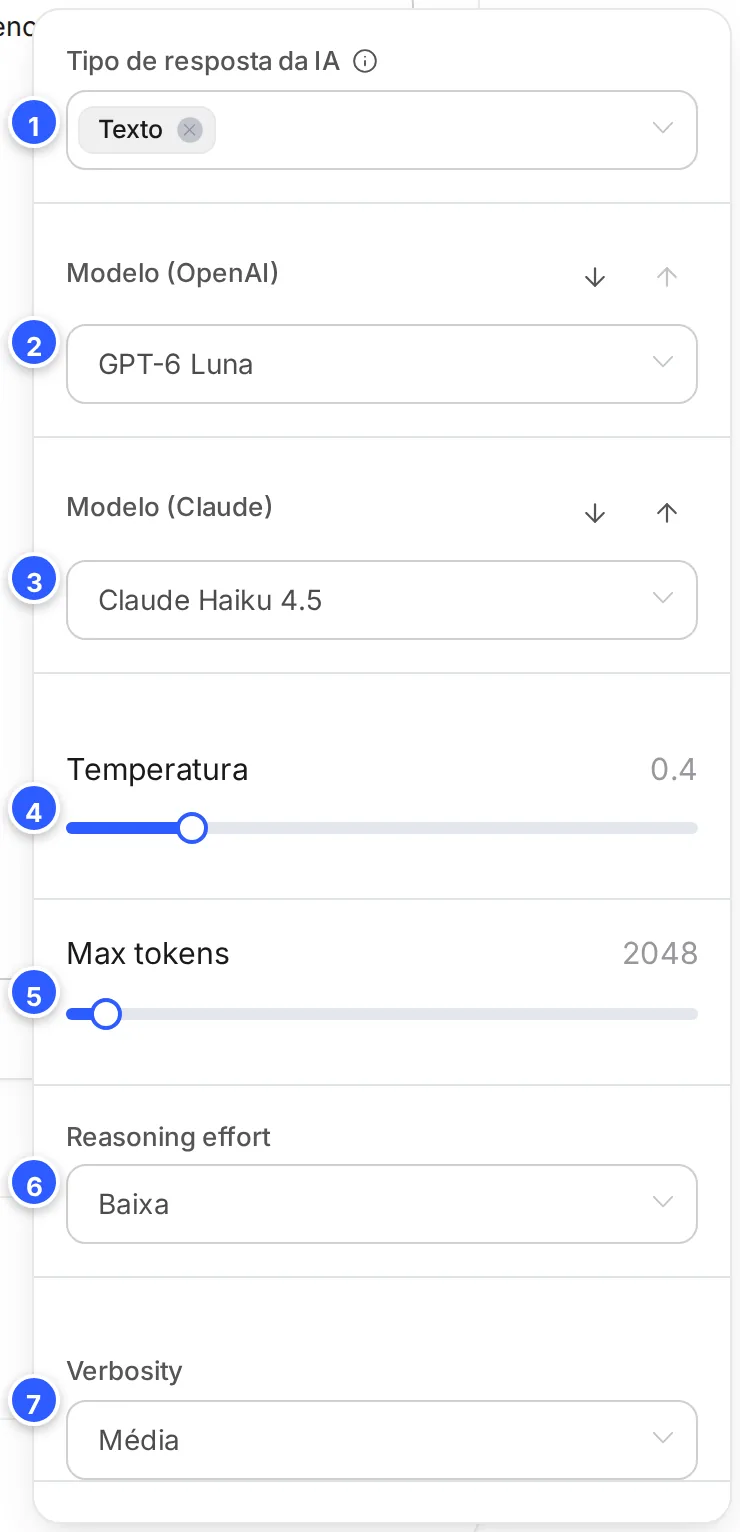 Ajustes do agente: Tipo de resposta da IA, Modelo da OpenAI e do Claude com as setas de ordem, Temperatura, Max tokens, Reasoning effort e Verbosity.