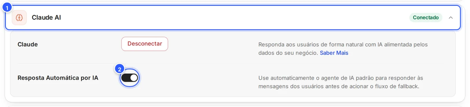 Cartão Claude AI conectado, com Desconectar e o interruptor Resposta Automática por IA.
