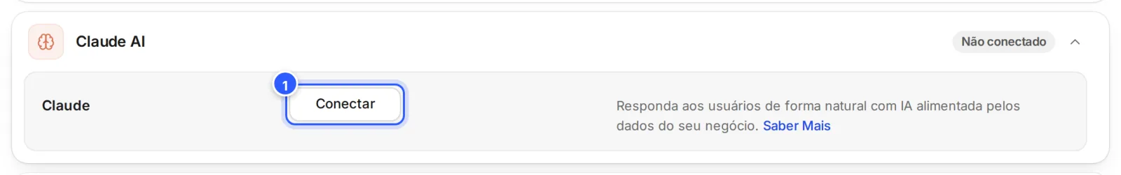 Cartão Claude AI aberto, Não conectado, com o botão Conectar.