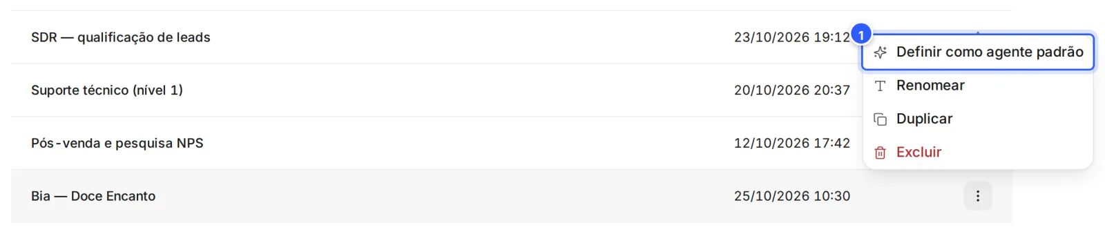 O menu de mais opções do agente aberto, com Definir como agente padrão, Renomear, Duplicar e Excluir.
