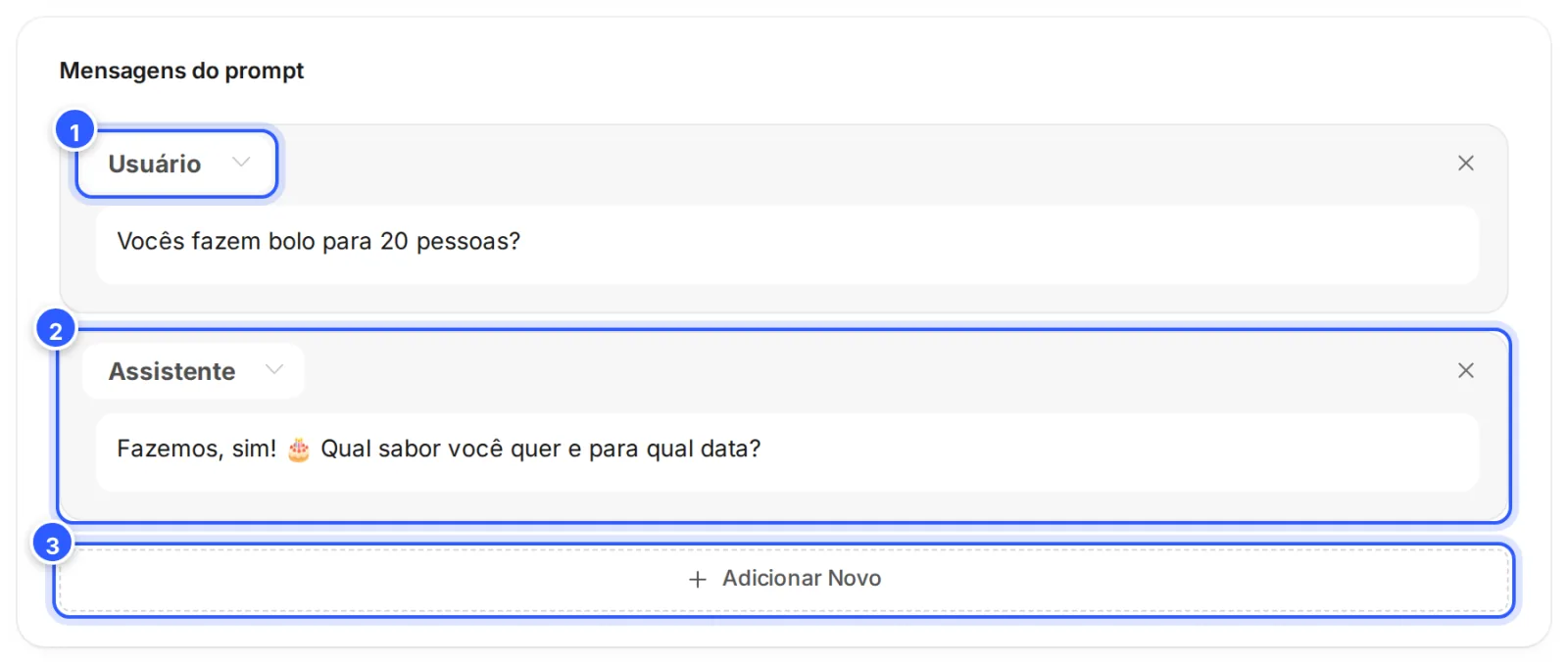 Mensagens do prompt: um exemplo de pergunta do Usuário e de resposta do Assistente, com o botão Adicionar Novo.
