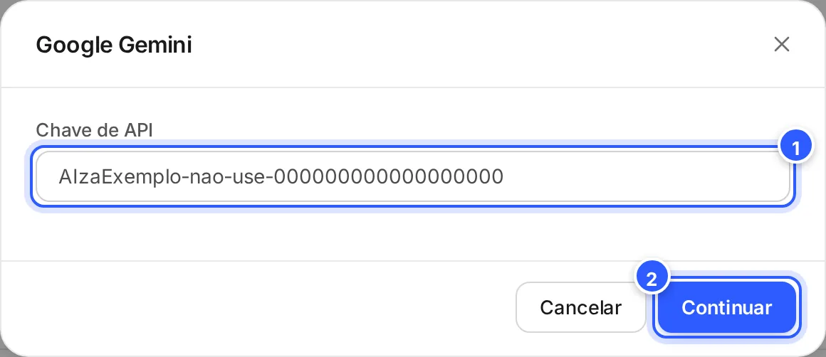 Janela Google Gemini com o campo Chave de API preenchido com uma chave de exemplo e os botões Cancelar e Continuar.