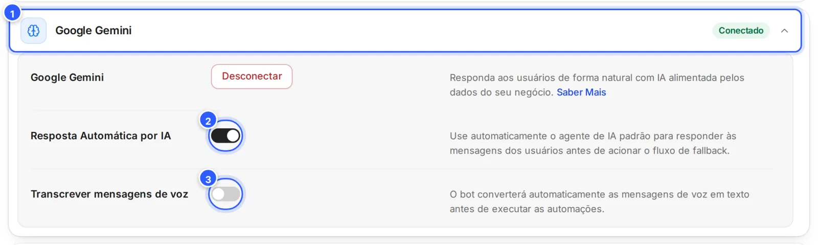 Cartão Google Gemini conectado, com Desconectar e os interruptores Resposta Automática por IA e Transcrever mensagens de voz.