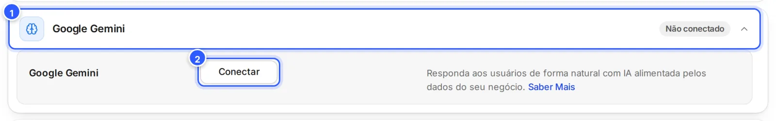Cartão Google Gemini aberto em Configurações › Integrações, Não conectado, com o botão Conectar.