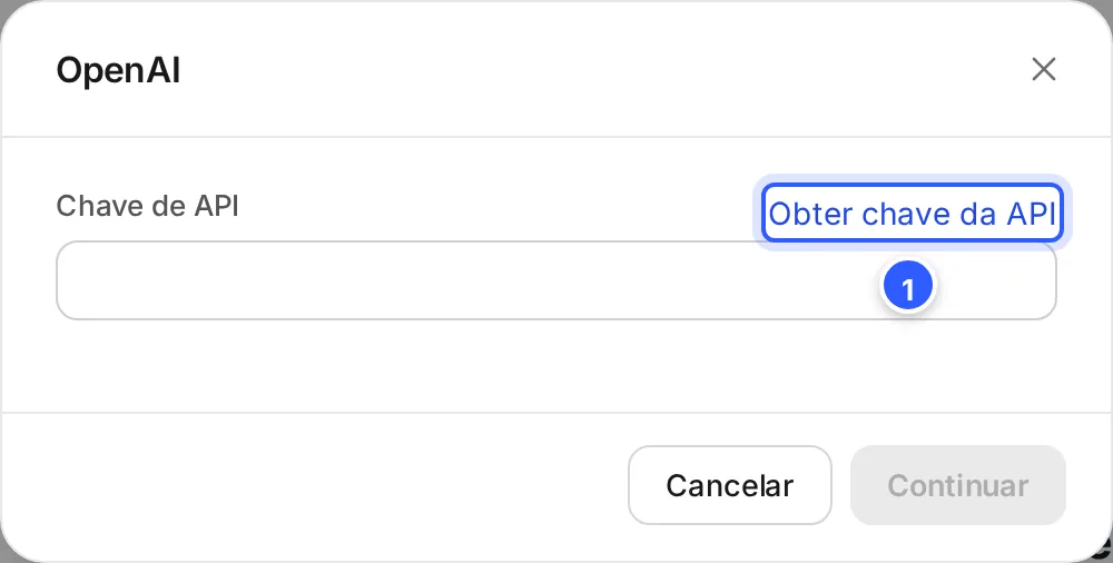 Janela OpenAI aberta pelo AI Hub: o campo Chave de API, vazio, com o link Obter chave da API à direita.