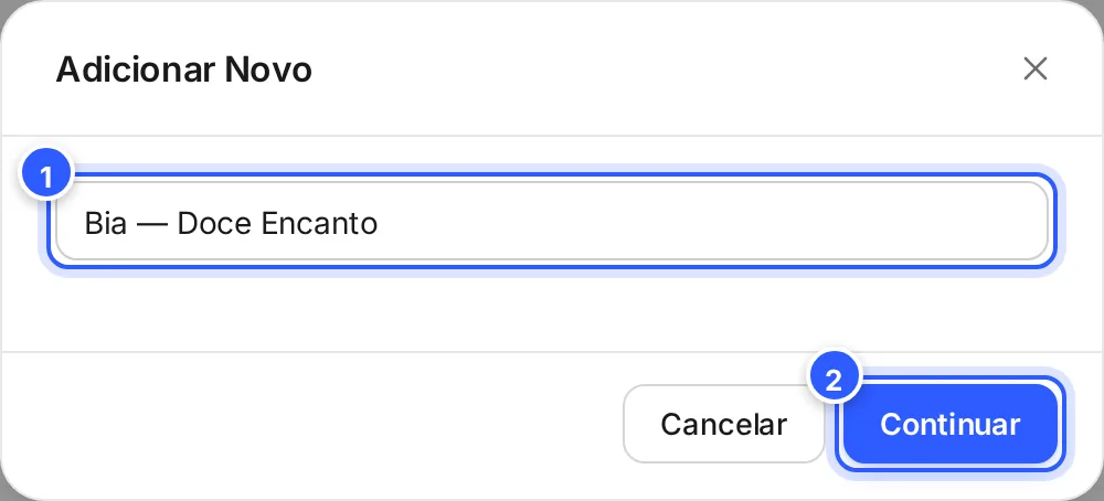 Janela Adicionar Novo com o nome do agente preenchido e os botões Cancelar e Continuar.
