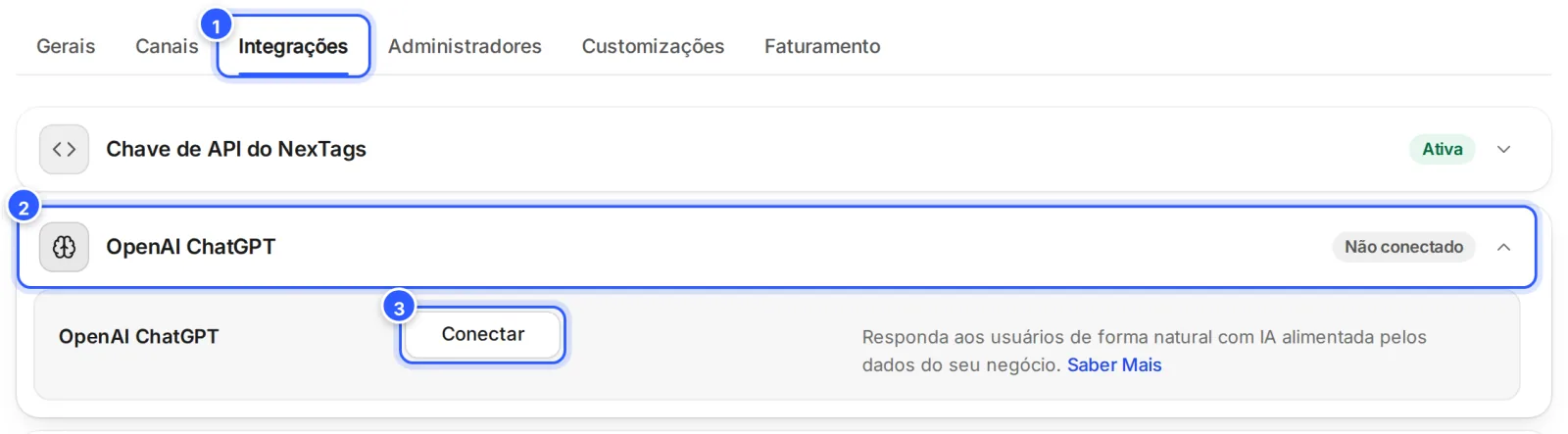 Configurações na aba Integrações, com o cartão OpenAI ChatGPT aberto, Não conectado, e o botão Conectar.