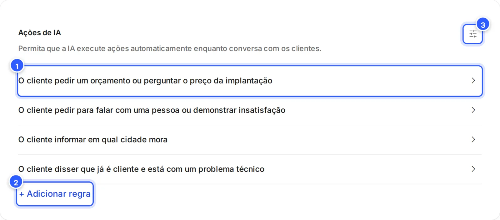 Cartão Ações de IA do agente: quatro regras escritas como situações da conversa e o botão Adicionar regra.
