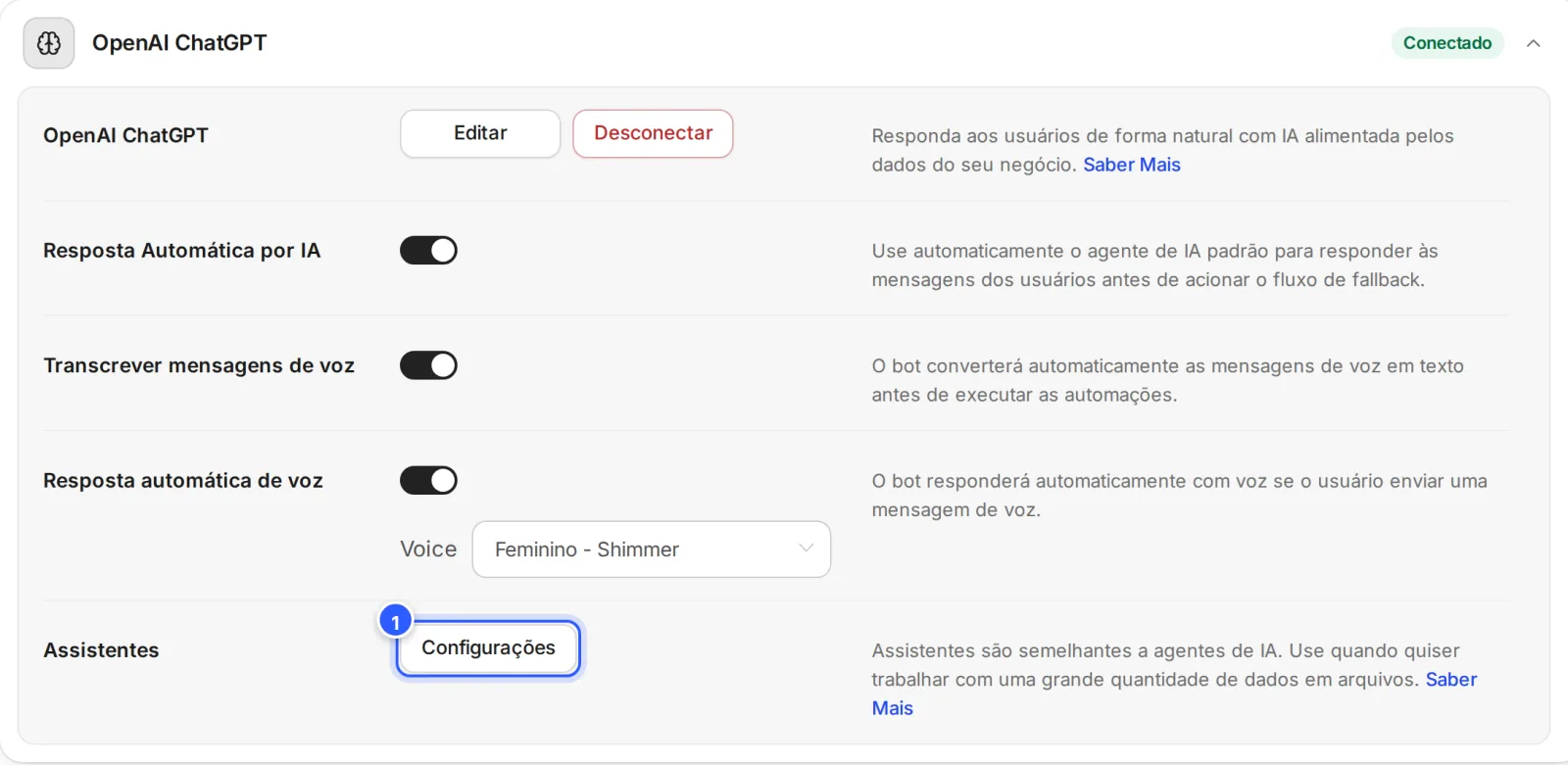 Integração OpenAI ChatGPT aberta, com a linha Assistentes e o botão Configurações, que abre a lista de assistentes.