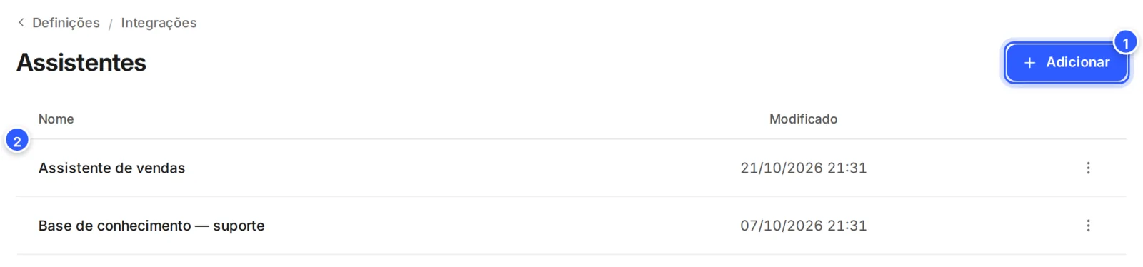 Tela Assistentes com o botão Adicionar e a lista de assistentes, com nome e data de modificação.