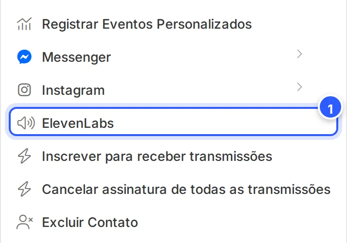 Menu Adicionar Conteúdo › Ações do editor de fluxo, com a ação ElevenLabs em destaque.