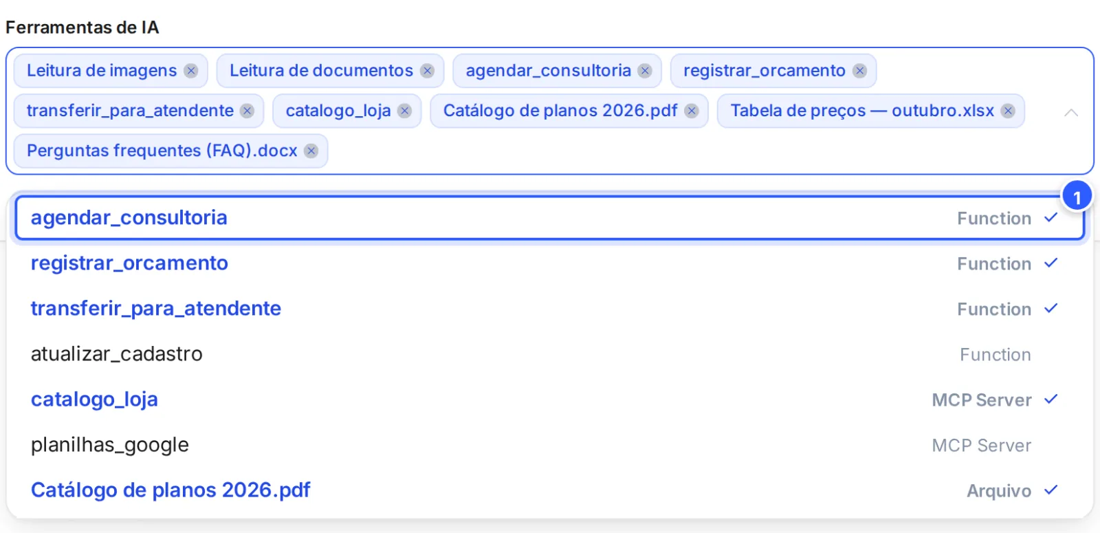 Lista de Ferramentas de IA do agente com as funções de IA da conta, cada uma com o tipo Function à direita.