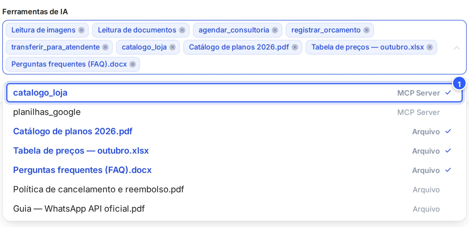 Lista de Ferramentas de IA do agente aberta no fim, com os servidores MCP da conta, cada um com o tipo MCP Server à direita.