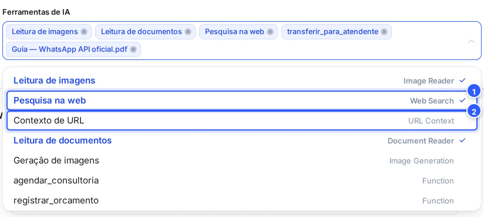 Lista de Ferramentas de IA do agente aberta, com a pesquisa na web (tipo Web Search) marcada e o Contexto de URL (tipo URL Context) logo abaixo.