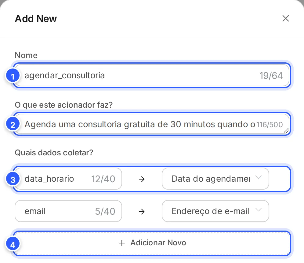 Função de IA agendar_consultoria: nome, o que ela faz e os dados que coleta, data_horario e email, cada um ligado a um campo do contato.