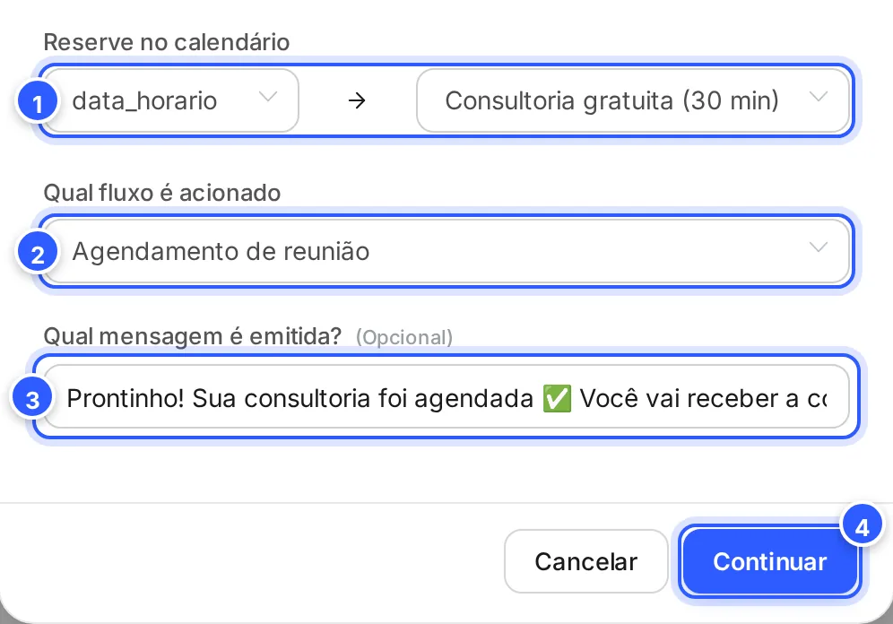 Parte de baixo da função agendar_consultoria: Reserve no calendário, Qual fluxo é acionado, Qual mensagem é emitida? e o botão Continuar.