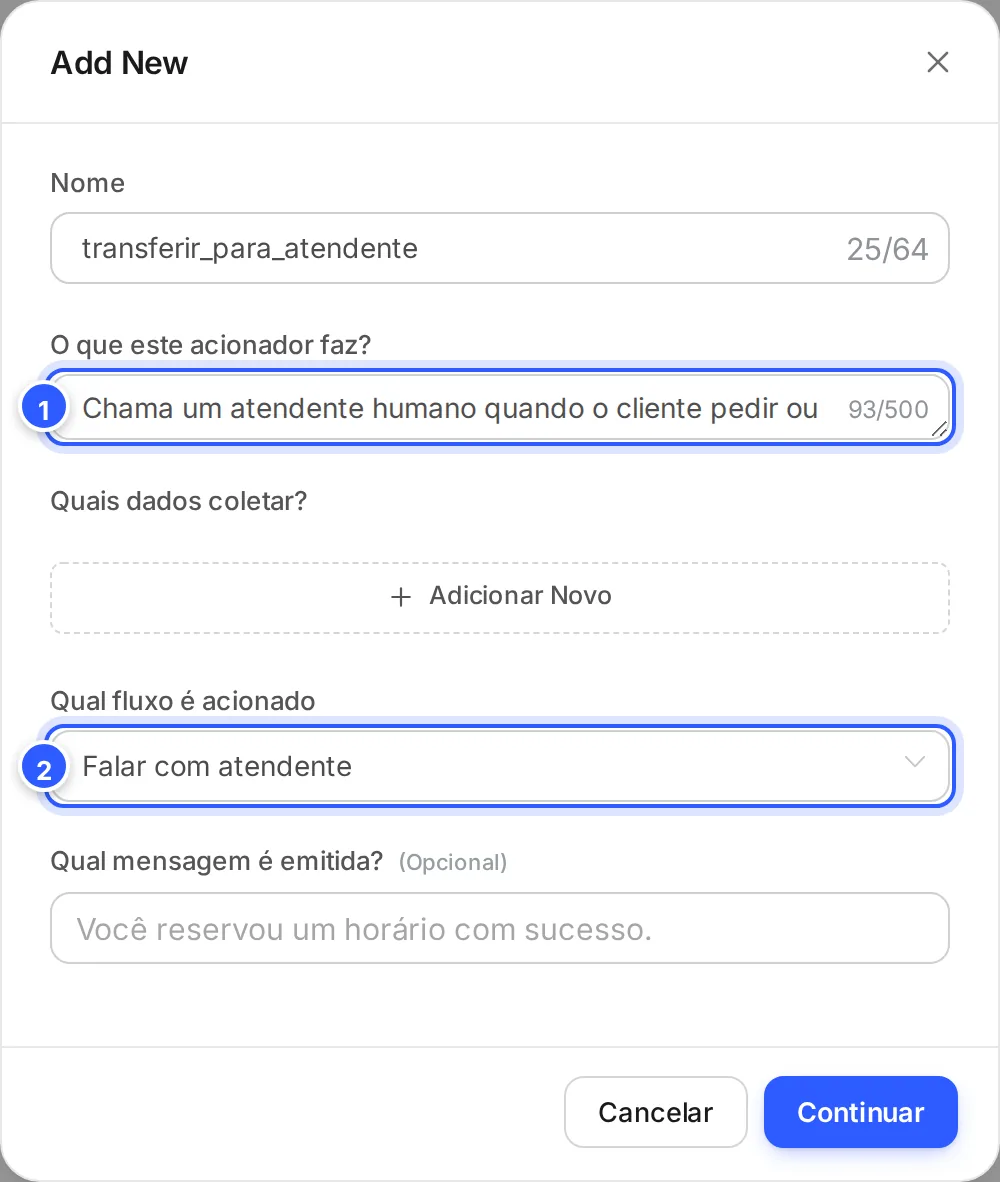 Função de IA transferir_para_atendente: o que ela faz, sem dados para coletar, e o fluxo acionado Falar com atendente.