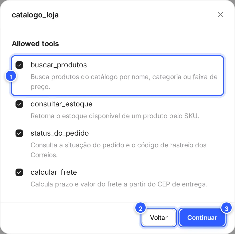Segunda parte da janela do servidor MCP: Allowed tools, com as ferramentas do servidor marcadas, e os botões Voltar e Continuar.