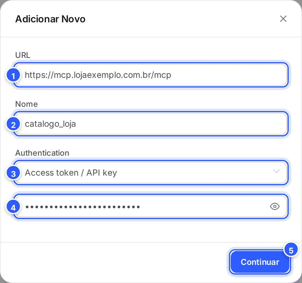 Janela de um servidor MCP novo: URL, Nome, Authentication com Access token / API key e o campo do token, escondido.