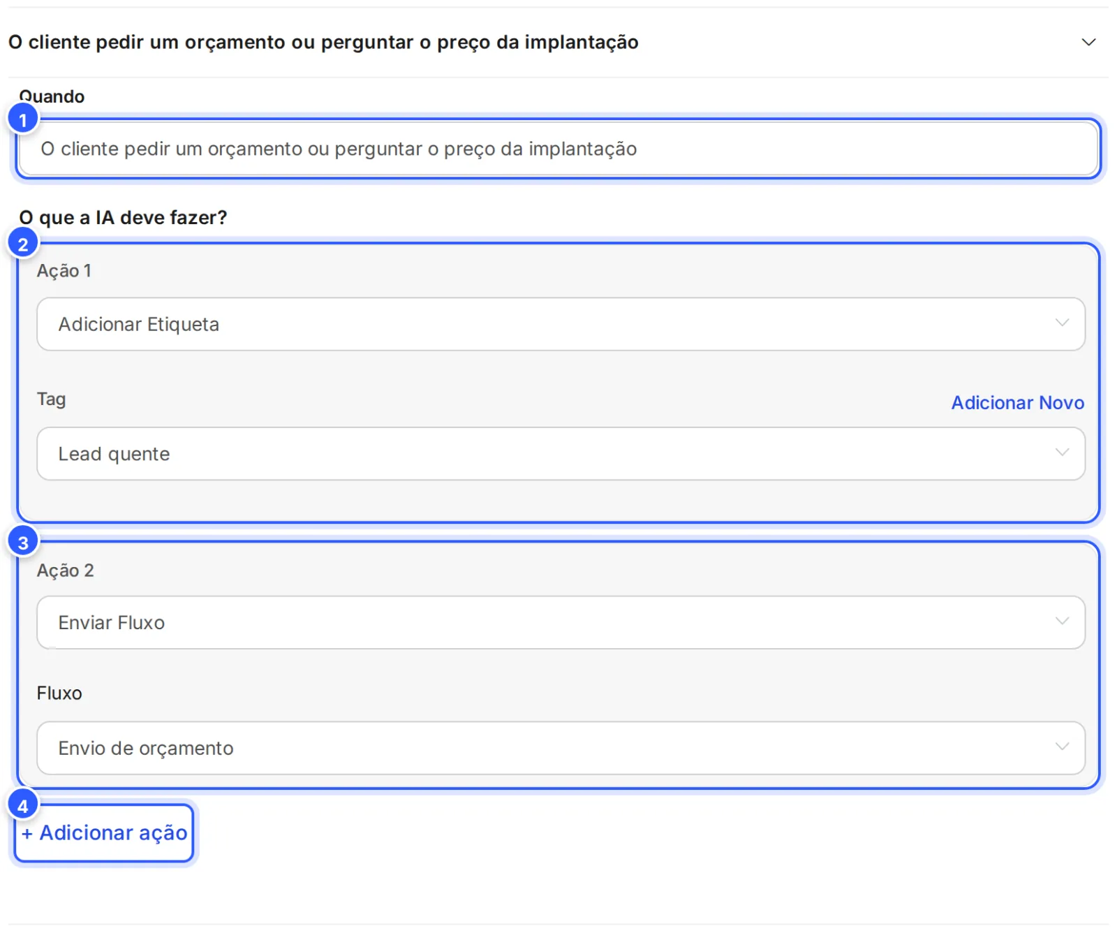 Uma regra aberta: em Quando, a situação; em O que a IA deve fazer?, Adicionar Etiqueta Lead quente e Enviar Fluxo Envio de orçamento.