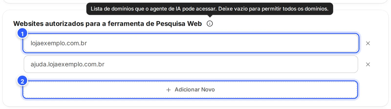 Cartão Websites autorizados para a ferramenta de Pesquisa Web com dois domínios de exemplo, o aviso do ícone de informação e o botão Adicionar Novo.