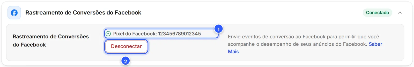 Cartão Rastreamento de Conversões do Facebook conectado: o selo Conectado, o ID do Pixel do Facebook e o botão Desconectar.