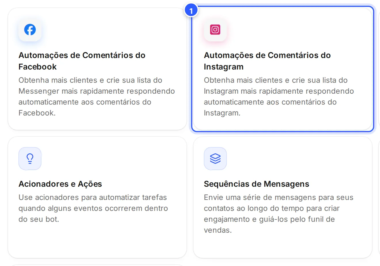 Ferramentas da NexTags com o cartão Automações de Comentários do Instagram, entre os cartões de comentários do Facebook, histórias do Instagram e anúncios de leads.