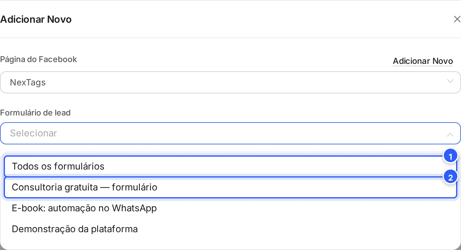 Janela Adicionar Novo do Lead Ads com a página escolhida e o campo Formulário de lead aberto: Todos os formulários e os formulários da página.