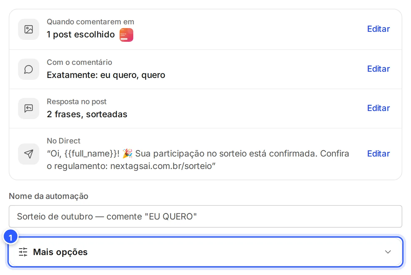 Passo Revisar de uma automação: o resumo, o campo Nome da automação e a seção Mais opções, fechada.